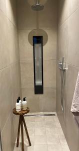 a bathroom with a shower and a table with two toilets at Bij de Kerk in Doesburg