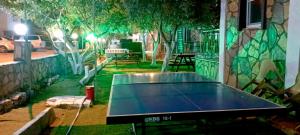 a ping pong table in front of a wall with trees at Haluk Otel in Oren