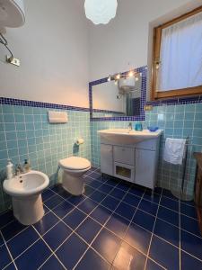 a blue tiled bathroom with a toilet and a sink at Villa Irmā in Tertenìa +40 photos