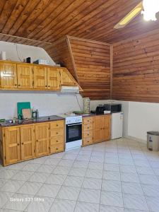 a kitchen with wooden cabinets and a white appliance at Családfa Vendégház in Ságvár