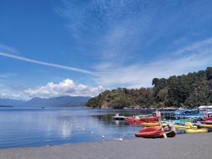 a group of boats parked on the shore of a lake at Hospedaje Amore per il lago in Villarrica