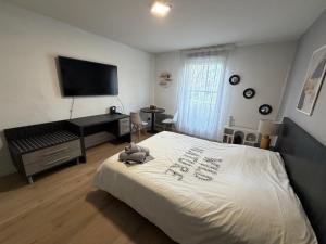 ein Schlafzimmer mit Bett und Flachbildfernseher in der Unterkunft Aismé in Toulouse