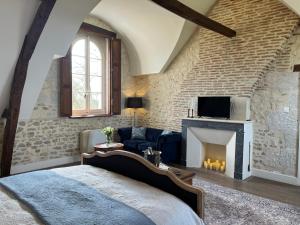 a bedroom with a fireplace and a bed and a tv at La Brosse Estate - Chateau de la Brosse in Lureuil