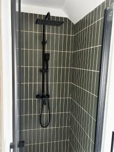 a shower with a hose in a green tiled bathroom at Appartements Lambotte in LʼAigle +21 photos