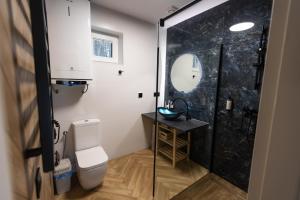 a bathroom with a shower and a toilet and a sink at Domy nad Strugą - jacuzzi, las, wieś, rowery, kajaki in Liciążna +37 photos