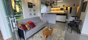 a living room with a couch and a kitchen at Estúdio Beija-flor Itaipava in Araras Petropolis +33 photos