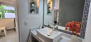 a bathroom with a white sink and a mirror at Estúdio Beija-flor Itaipava in Araras Petropolis