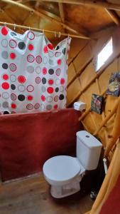 a bathroom with a toilet and a large pillow at Ananda Matha YURTA - Vale do Capão in Palmeiras