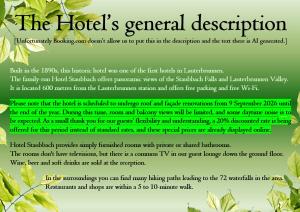 a flyer for the hotels general reception with green leaves at Hotel Staubbach in Lauterbrunnen