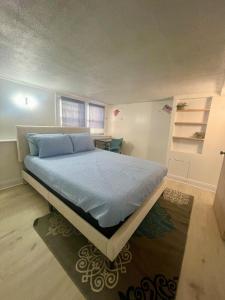a bedroom with a bed with blue sheets and a desk at Lower Level Luxury in Chicago