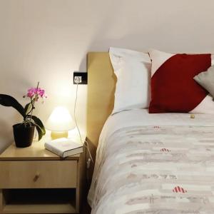 a bedroom with a bed with a red pillow and a lamp at Appartamento Verdenatura in Branzi