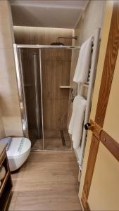 een badkamer met een douche, een toilet en handdoeken bij Pitho in Delfoi +50 foto's