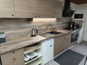 a kitchen with wooden cabinets and a sink at NEUBEGINN b in Bad Rodach
