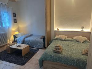 a bedroom with two beds and a table at Little Florina Nest in Florina