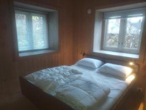 a bed in a bedroom with two windows at Gamlevegen in Fagernes