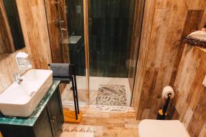 a bathroom with a shower and a toilet and a sink at Gajówka Wiry in Pawłowa +30 photos