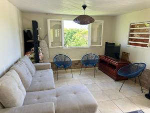 a living room with a couch and chairs and a tv at L'île au Vert in Gros-Morne