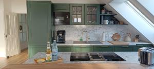 a kitchen with green cabinets and a sink at Ferienwohnung Coproyshof - Direkt am See - 3 Schlafzimmer, privater Strand & Feuerstelle in Wesel +98 photos