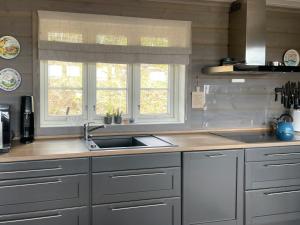 a kitchen with white cabinets and a sink and two windows at Cabin With Panoramic Views Over The Mountains in Nesbyen
