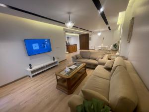 a living room with a couch and a tv at Pyramid View Apartment near GEM in Ghaţāţī