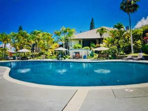 a large swimming pool with palm trees and a house at Princeville North Shore Retreat - 1200 SF, Lanai, Loft & Kitchen in Princeville