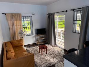 a living room with a couch and a tv at Augi's Rental in Onverwacht