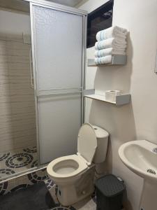 a bathroom with a toilet and a shower and a sink at La Estancia Tolimense in Ibagué +3 photos