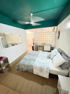 a bedroom with a bed and a blue ceiling at Cocoon apartment with garden, quiet in Simpson Bay