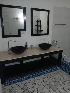 two sinks on a counter in a bathroom at Cocoon apartment with garden, quiet in Simpson Bay