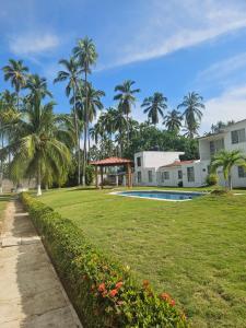 a yard with a swimming pool and palm trees at Casa Amarilla in Barrio Nuevo