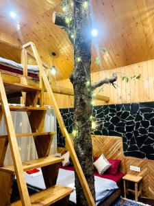 a tree inside of a room with a bunk bed at Hideaway Tree House in Jibhi