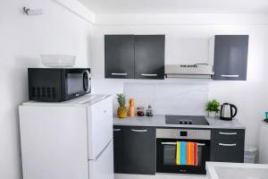 a kitchen with black and white appliances and a white refrigerator at Abricotier à proximité des plages du sud in Rivière-Pilote +16 photos