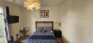a bedroom with a bed with blue and white pillows at Single Room in Townhouse in Manassas +6 photos