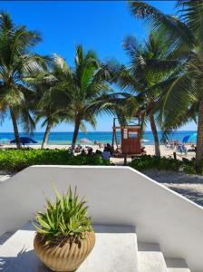 a view of a beach with palm trees and a flower pot at Tropical Oasis with Pool Perfect Vacation Home in Puerto Morelos