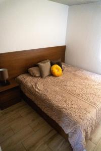 a bedroom with a bed with two pumpkins on it at Montepinar Acosta Suites in Mazamitla