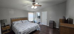 a bedroom with a bed and a ceiling fan at Spacious Private Room - Workspace - Las Cruces in Las Cruces
