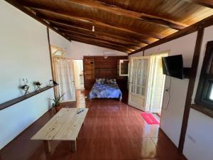 a living room with a bed and a wooden table at L0st & Found House - Casa Bar in Puerto Iguazú