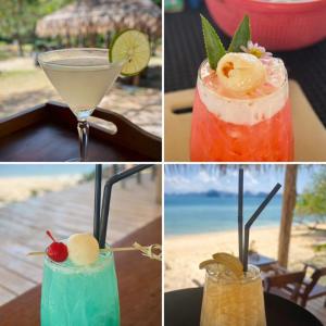 four different pictures of cocktails on a table at The Woods Beachfront Tent Yao Noi in Ko Yao Noi