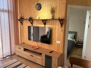 a living room with a television on a wooden wall at Красник Хілс in Krasnik