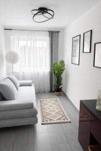a white living room with a couch and a plant at Deluxe Apartment Ella in Backnang