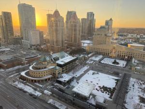 an aerial view of a city in the snow at Skyline Retreat Floor-to-Ceiling Views in Mississauga