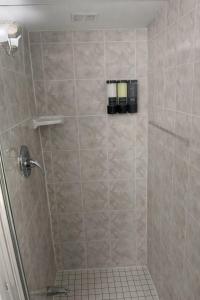 a bathroom with a shower with a tiled shower at Skyline Retreat Floor-to-Ceiling Views in Mississauga +11 photos