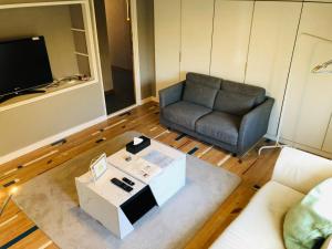 a living room with a couch and a chair at SAMURISE DARUMA in Fujiyoshida