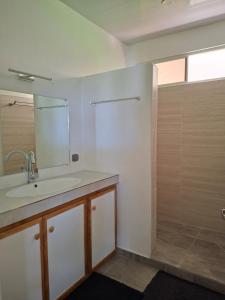 a bathroom with a sink and a mirror and a shower at Bungalow Hoarai in Uturoa +16 photos