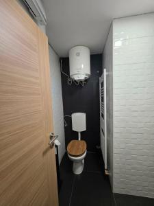 a bathroom with a toilet with a wooden seat and a light at Tijekova koča in Hočko Pohorje