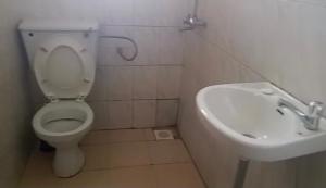 a bathroom with a toilet and a sink at Palace Royal Hotel in Kagadi