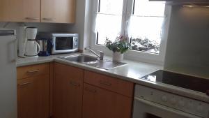 a kitchen with a sink and a microwave at Haus Alpenhof in Immenstadt im Allgäu