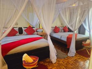 two beds in a room with white curtains and red pillows at Teresita Home JKIA in Nairobi