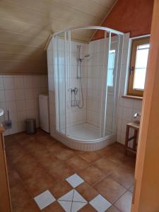 a bathroom with a shower in a room at Haus Gemütlichkeit in Schotten
