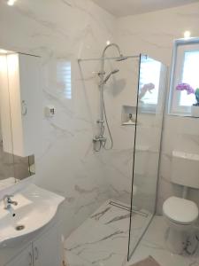 a white bathroom with a shower and a sink at Apartmani Mila-Casa Bianca in Medulin +95 photos